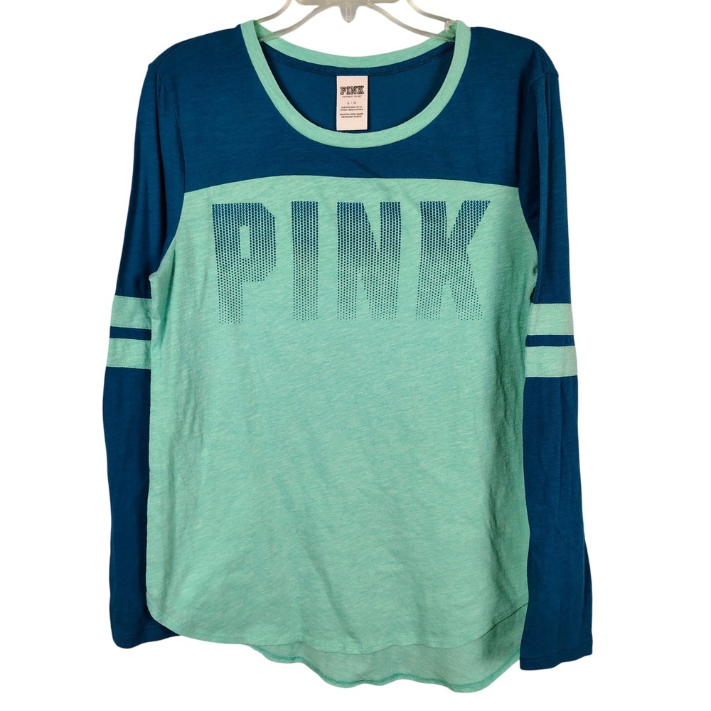 PINK Womens L Long Sleeve Colorblock Tee Teal Blue Cotton Blend Y2K Sporty
